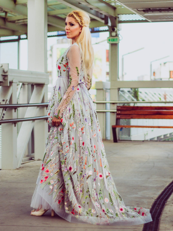 Light Grey Lace Floral Special Occasion Dress