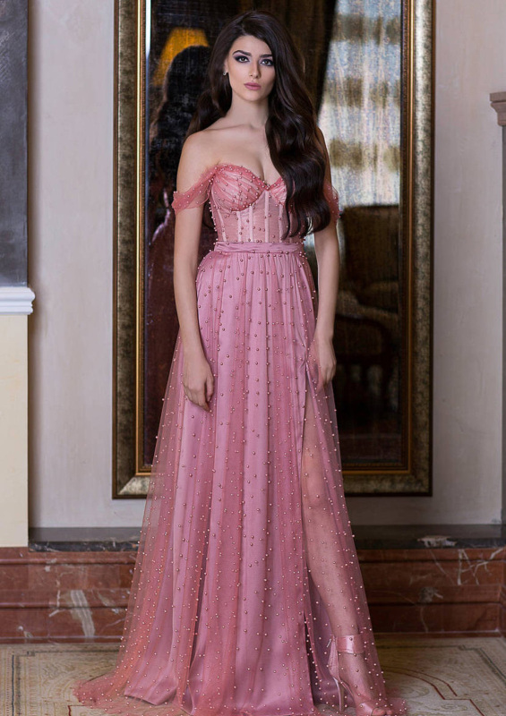 Mauve Pearls Off Shoulder  Sexy Prom Dress