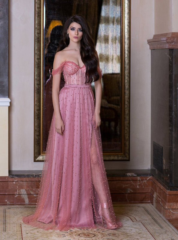 Mauve Pearls Off Shoulder  Sexy Prom Dress