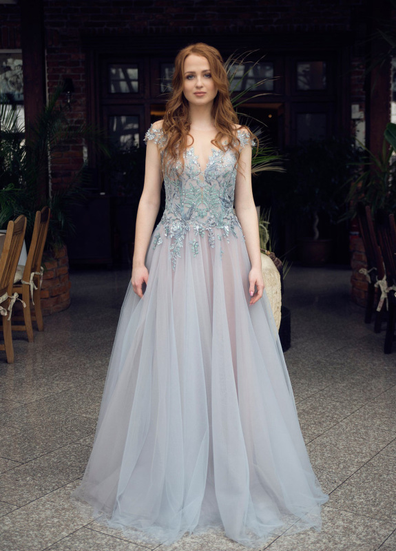 Grey Blue Floral Sexy Prom Dress