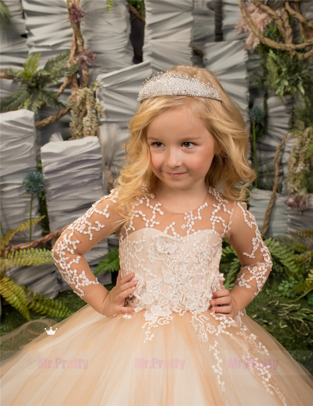 Champagne Lace Tulle Little Girls Pageant Dress Flower Girl Dress