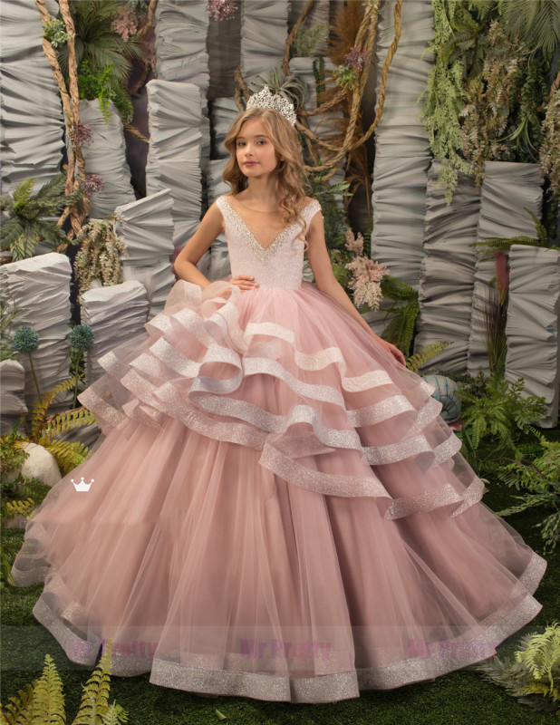 Pink Beaded Ruffle  Little Girls Pageant Dress Flower Girl Dress