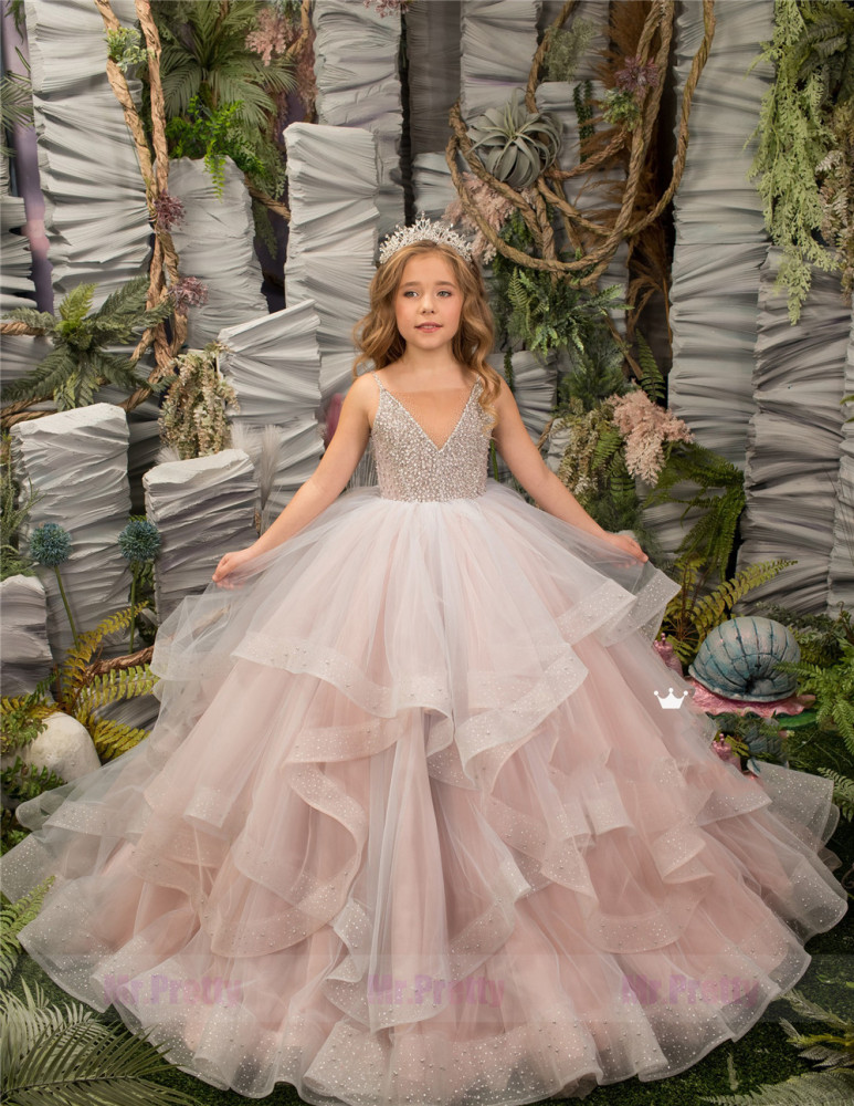 Blush Pink Beade Tulle Little Girls Pageant Dress Flower Girl Dress