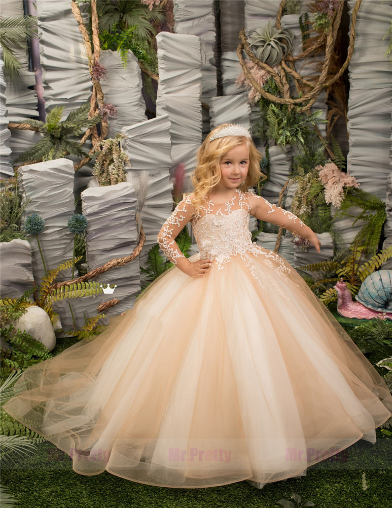 Champagne Lace Tulle Little Girls Pageant Dress Flower Girl Dress