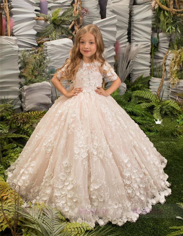 Ivory Lace Blush PInk Tulle Little Girls Pageant Dress Flower Girl Dress