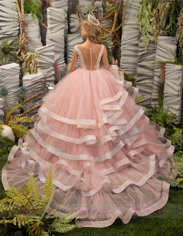 Pink Beaded Ruffle  Little Girls Pageant Dress Flower Girl Dress
