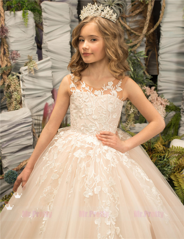 Ivory Lace Cream Tulle Little Girls Pageant Dress Flower Girl Dress