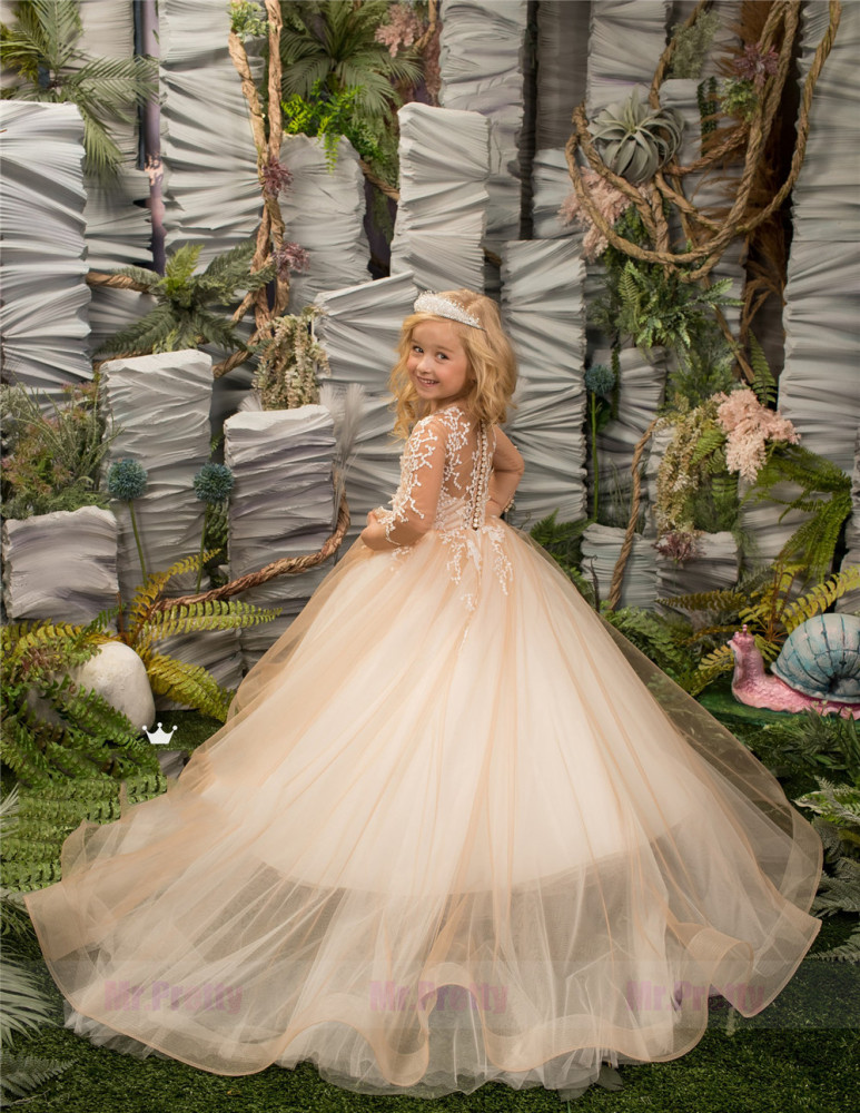 Champagne Lace Tulle Little Girls Pageant Dress Flower Girl Dress
