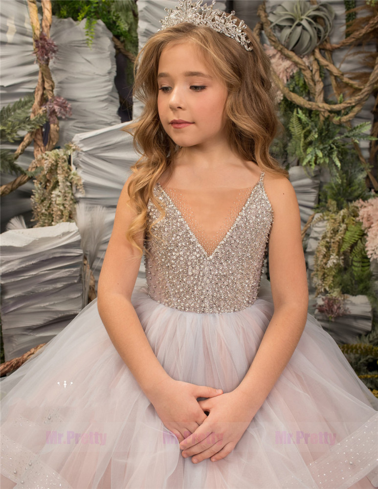 Blush Pink Beade Tulle Little Girls Pageant Dress Flower Girl Dress