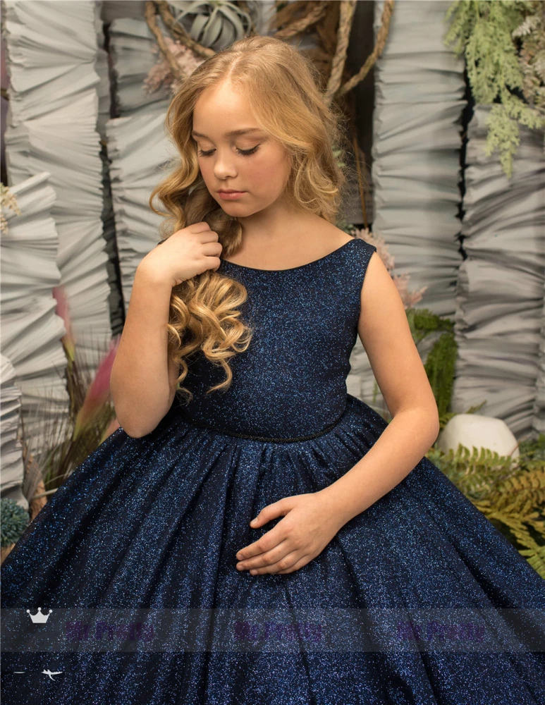 blue sequin bow dress Elegant Baby Girls Dark Blue Sequin Bow Princess Dress Toddler Prom Dress, Blue / 3-4 Years (110cm)