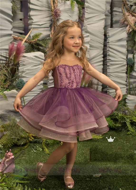 Purple Short Luxury Little Girls Pageant Dress Flower Girl Dress