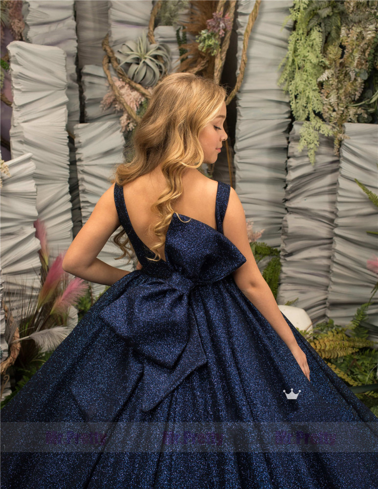 Navy Blue Sequin Big Bow  Little Girls Pageant Dress Flower Girl Dress