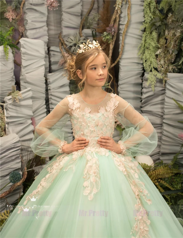 Mint Lace Tulle Little Girls Pageant Dress Flower Girl Dress