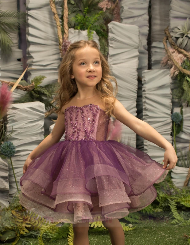 Purple Short Luxury Little Girls Pageant Dress Flower Girl Dress