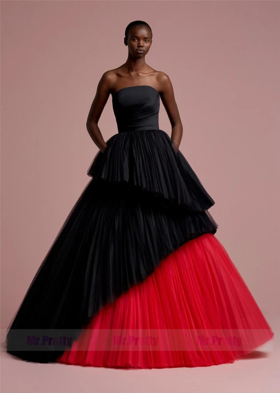 Black & Red Tulle Short Train  Prom Dress Bridal Gown