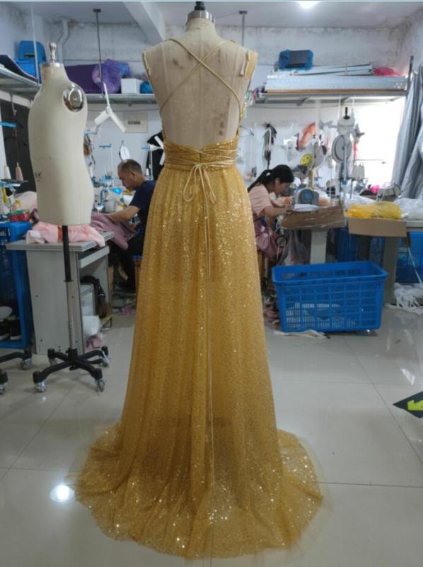 Gold Sequin Beaded Prom Dress
