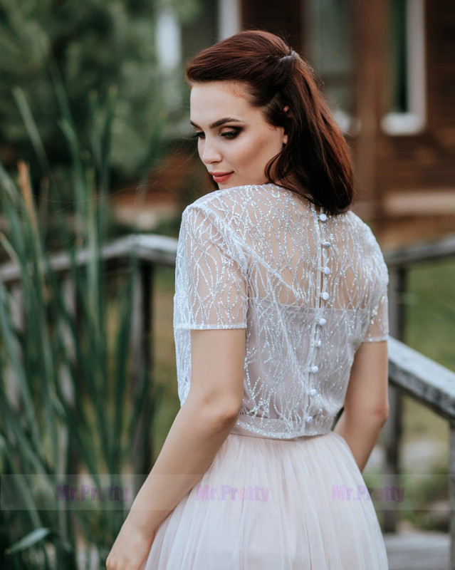 Silver Sequin Middle Sleeve Wedding Dress Top