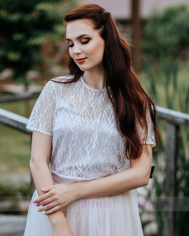 Silver Sequin Middle Sleeve Wedding Dress Top