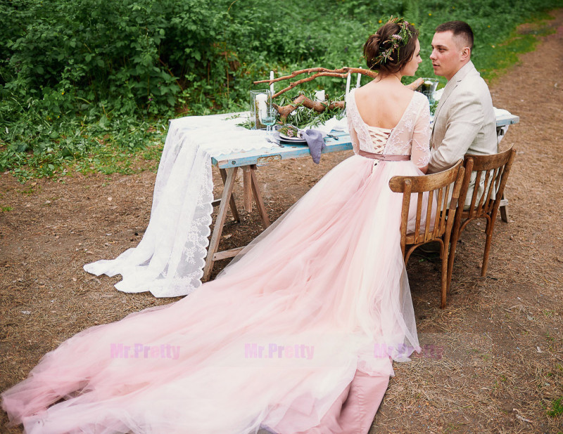 Ivory /Mauve Color Long Train Lace Up Wedding Skirt Wedding Dress