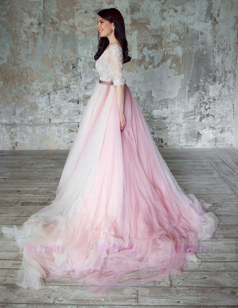 Ivory /Mauve Color Long Train Lace Up Wedding Skirt Wedding Dress