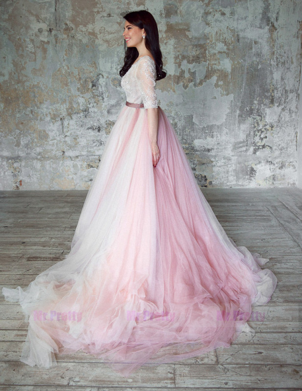 Ivory /Mauve Color Long Train Lace Up Wedding Skirt Wedding Dress