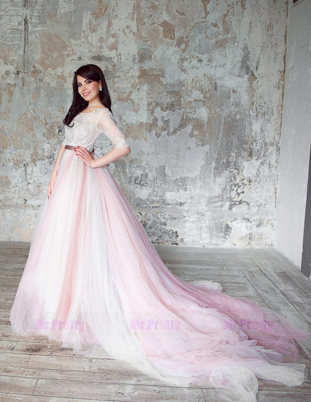 Ivory /Mauve Color Long Train Lace Up Wedding Skirt Wedding Dress