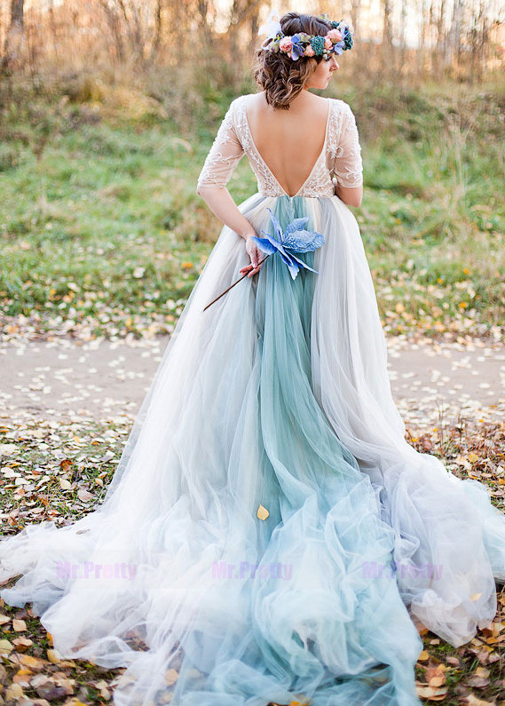 Mixed Color  Long Train Wedding Skirt Wedding Dress