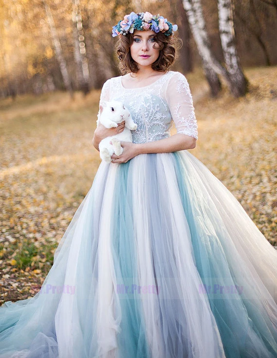 Mixed Color  Long Train Wedding Skirt Wedding Dress