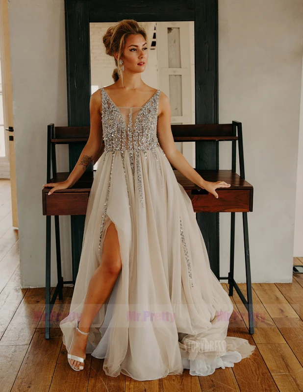 Light Grey Beaded Tulle  Sexy Prom Dress Special Occasion Dress