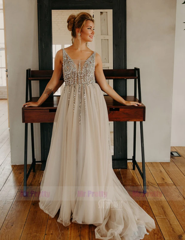 Light Grey Beaded Tulle  Sexy Prom Dress Special Occasion Dress