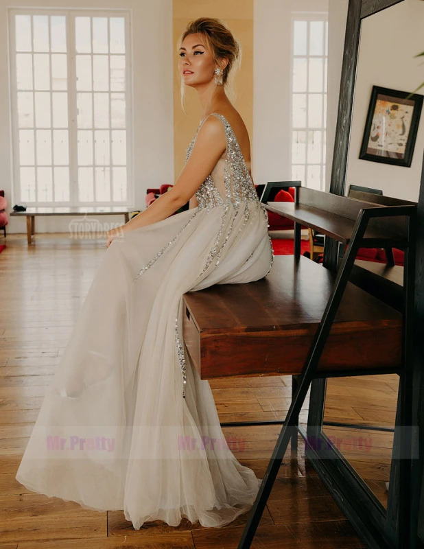 Light Grey Beaded Tulle  Sexy Prom Dress Special Occasion Dress