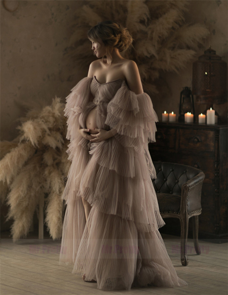 Champagne/Mauve Maternity Robe Sexy Pleat Tulle Dress Photo Shots Dress Lace Up Back