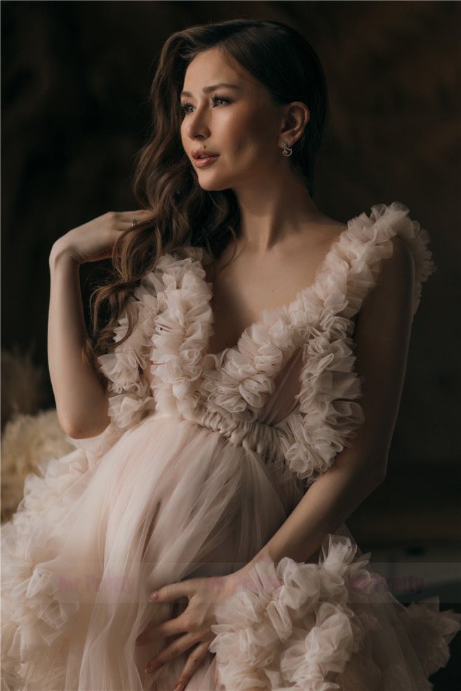 Ivory/Light Chamapgne Maternity Robe Sexy Ruffle Dress Photo Shots Dress Fit many Sizes