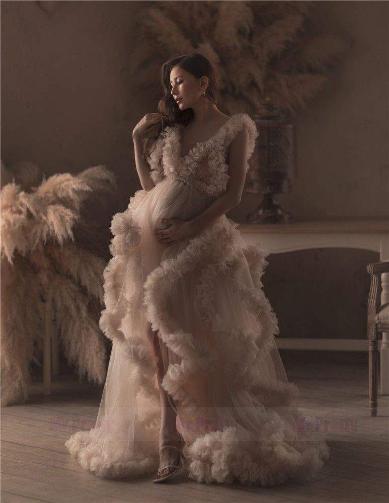 Ivory/Light Chamapgne Maternity Robe Sexy Ruffle Dress Photo Shots Dress Fit many Sizes