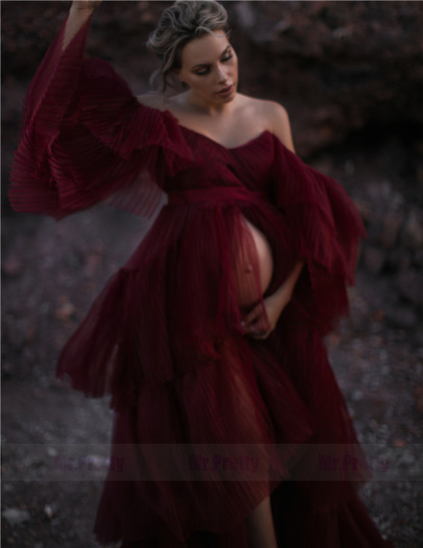 Burgundy Chamapgne  Maternity Robe Sexy Pleat Tulle Dress Photo Shots Dress Lace Up Back
