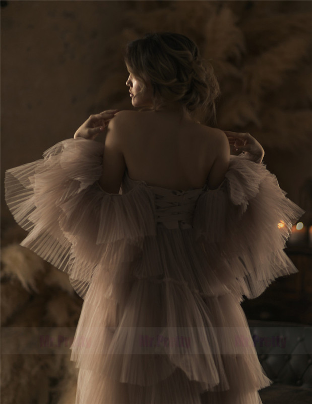 Champagne/Mauve Maternity Robe Sexy Pleat Tulle Dress Photo Shots Dress Lace Up Back