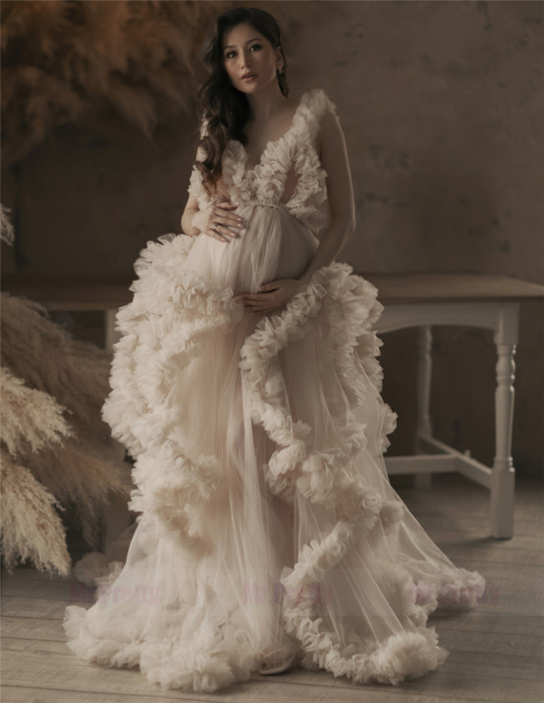 Ivory/Light Chamapgne Maternity Robe Sexy Ruffle Dress Photo Shots Dress Fit many Sizes