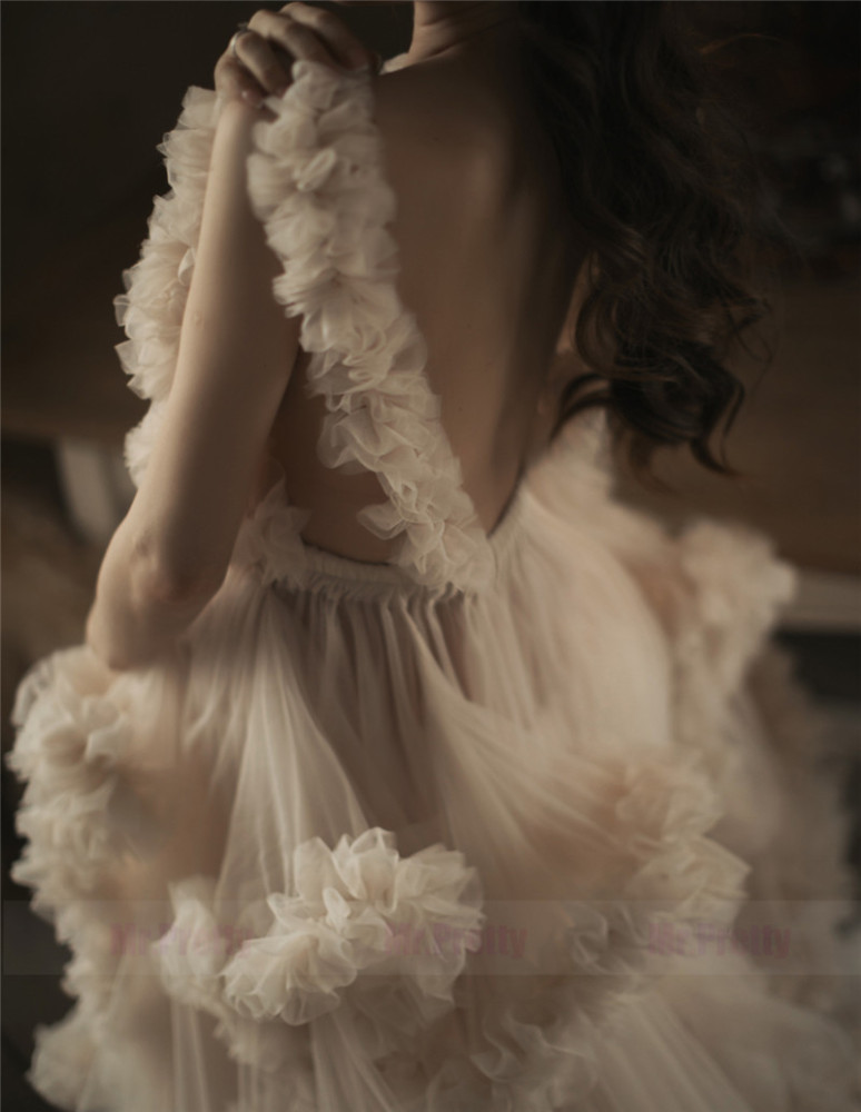 Ivory/Light Chamapgne Maternity Robe Sexy Ruffle Dress Photo Shots Dress Fit many Sizes