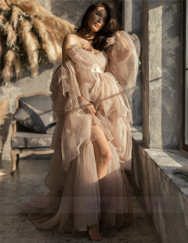 Champagne/Mauve Maternity Robe Sexy Pleat Tulle Dress Photo Shots Dress Lace Up Back