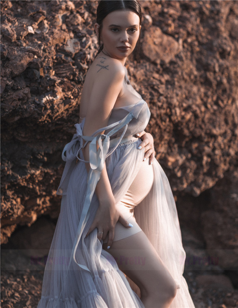 Light Grey Sexy Tulle Maternity Dress Photo Shoot Dress