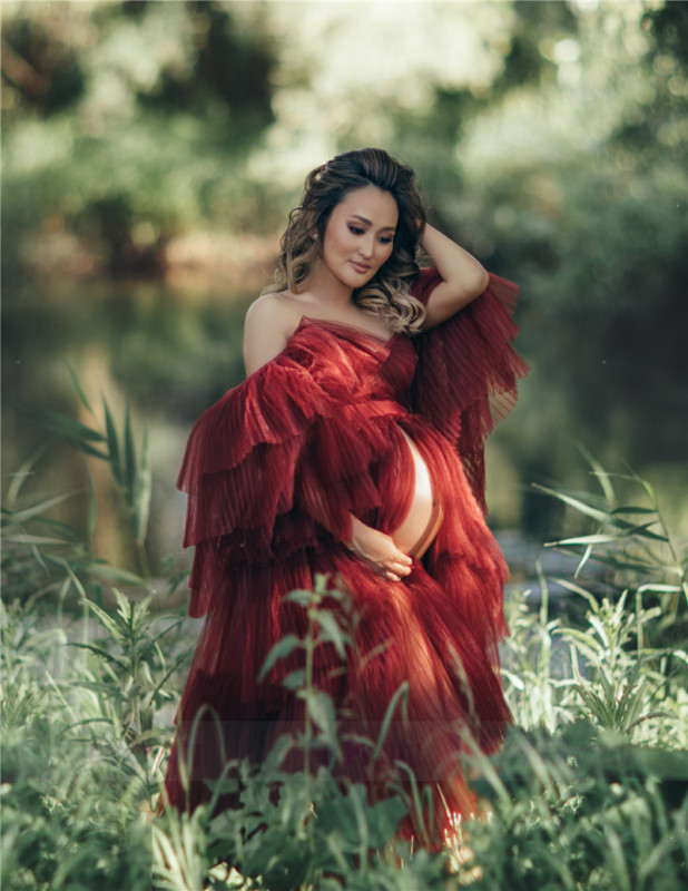 Burgundy Chamapgne  Maternity Robe Sexy Pleat Tulle Dress Photo Shots Dress Lace Up Back