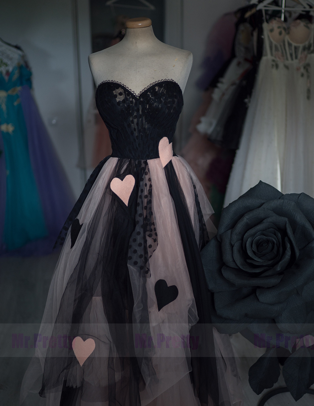 Black /Pink  Polka Tulle Lace Short Train Sexy Prom Dress