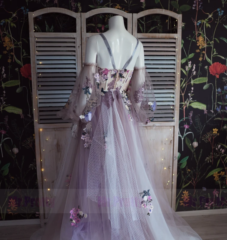Lavender Floral Lace Tulle Short Train Sexy Prom Dress