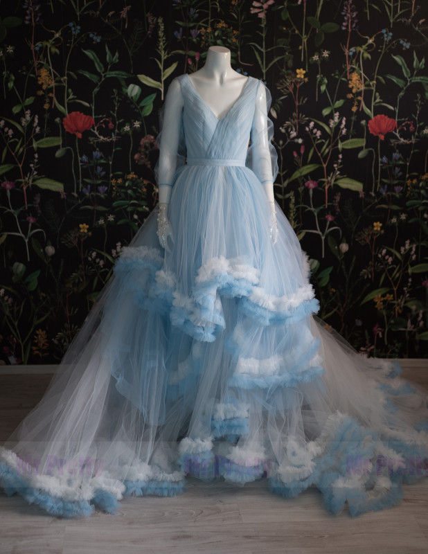Light Blue /IvoryShort Train Skirt 2 Pieces  Prom Dress