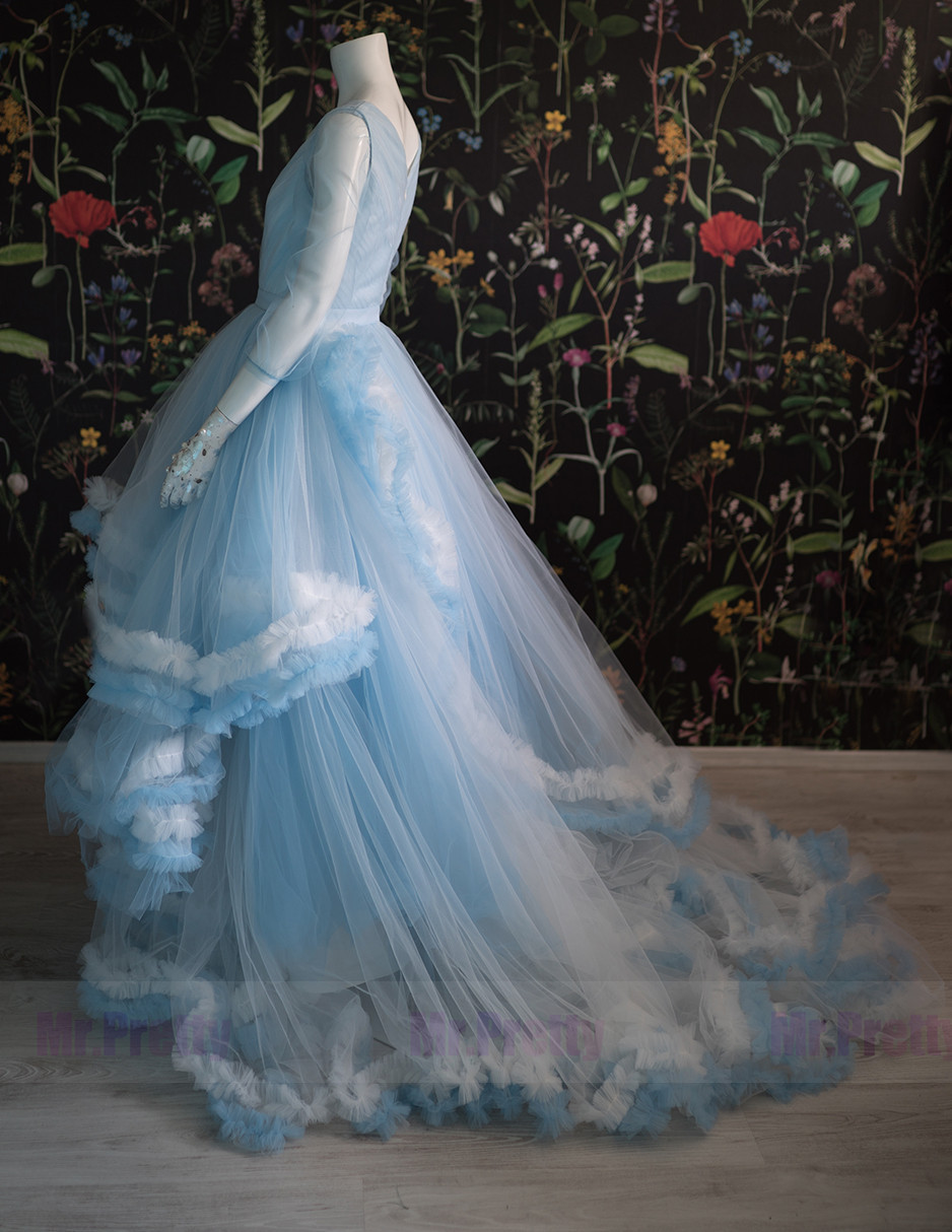 Light Blue /Black Short Train Skirt  Ruffle  Prom Dress