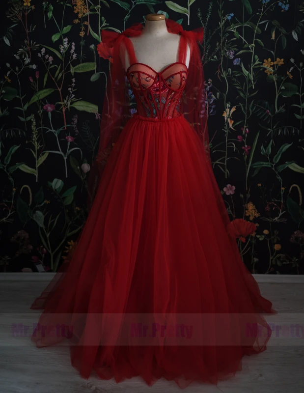 Red  Floral Lace Tulle Short Train Sexy Prom Dress