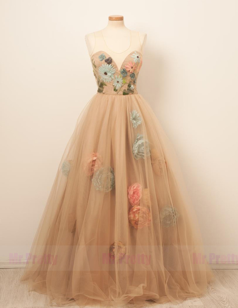 Champagne  Floral Lace Short Train Sexy Prom Dress