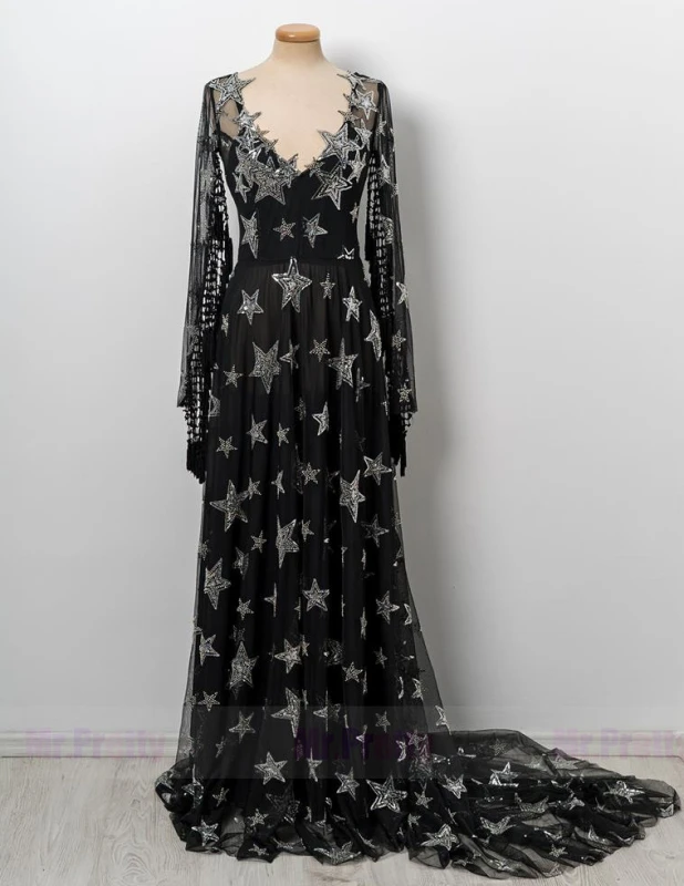 Black Sparkle Tulle Short Train  Prom Dress