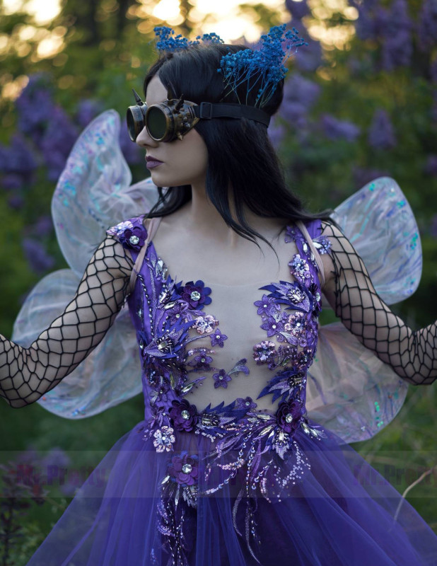 Purple Floral Lace Tulle Short Train Sexy Prom Dress