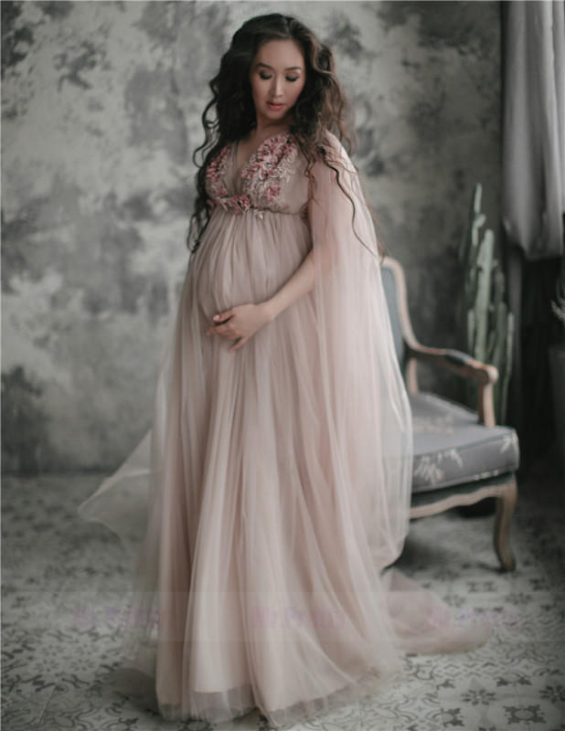 Light Grey Tulle Lace Sexy Maternity Dress Photo Shot Dresses